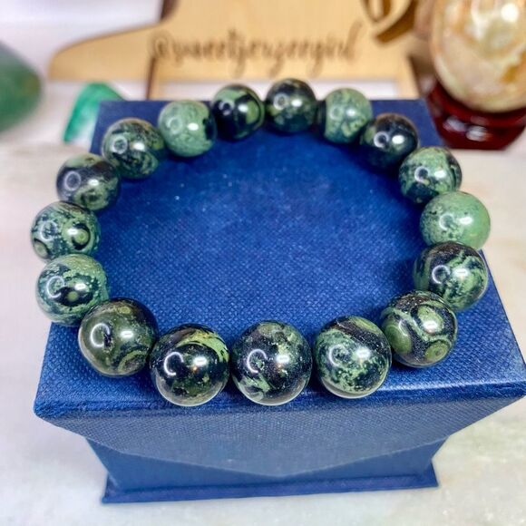 Green Kambaba Jasper Nebula Stone Stretch Large Round Bead Stretch Bracelet - Picture 1 of 6